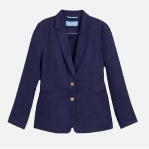 Draper James Blue Blazer Women Size 10 Jacket Linen Two gold button Closure